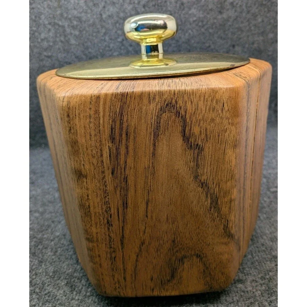 Kraftware Vintage Ice Bucket Faux Woodgrain Gold Tone Lid Mid Century Barware